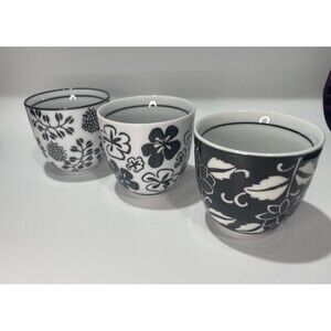 Lot of 3 Pier 1 Imports 4 oz Akina Sake Tea Cups Black White Floral Design 2.5”